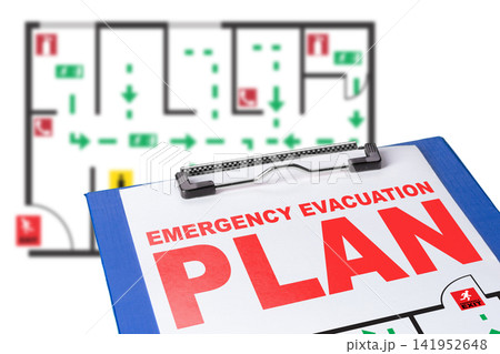 Emergency evacuation plan displayed with layout of building and clear exit routes Emergency evacuation plan displayed with layout of building and clear exit routes 141952648
