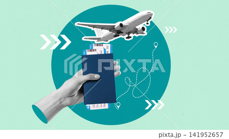 Travel planning with a hand holding a passport and a plane flying in the background Travel planning with a hand holding a passport and a plane flying in the background 141952657