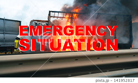 Emergency response team handles fire at roadside incident involving truck Emergency response team handles fire at roadside incident involving truck 141952817
