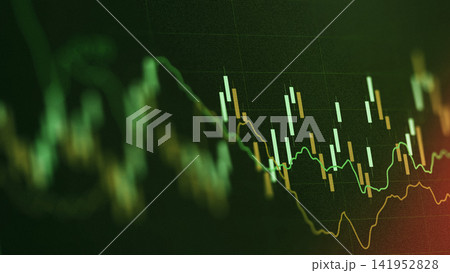Stock market trading chart shows price movements in real time with various candlestick patterns Stock market trading chart shows price movements in real time with various candlestick patterns 141952828