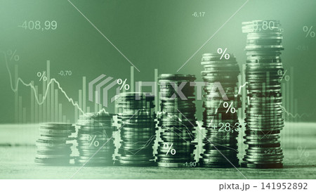 Chart shows stacks of coins with money trends during a recession period 141952892