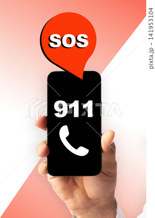 Image of a hand holding a smartphone with 911 and SOS display for emergency calls to help during urgent situations Image of a hand holding a smartphone with 911 and SOS display for emergency calls to help during urgent situations 141953104