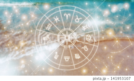 Astrology zodiac signs on a beach background with ocean waves and stars Astrology zodiac signs on a beach background with ocean waves and stars 141953107