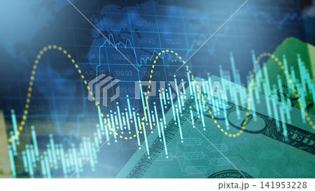 Business chart with stock exchange data and currency notes showing trading activity in a financial setting Business chart with stock exchange data and currency notes showing trading activity in a financial setting 141953228