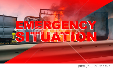 Emergency situation on the highway with a burning vehicle during a major traffic incident Emergency situation on the highway with a burning vehicle during a major traffic incident 141953307