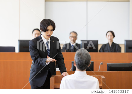 法廷で証人尋問を行う若い検察官 法廷で証人尋問を行う若い検察官 141953317