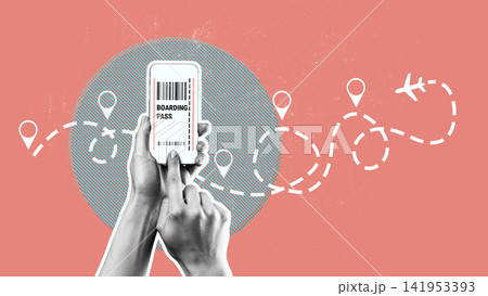 Traveling with a smartphone displaying a boarding pass and route points on a busy background Traveling with a smartphone displaying a boarding pass and route points on a busy background 141953393