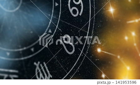Zodiac signs and constellations in a night sky with bright stars and cosmic patterns Zodiac signs and constellations in a night sky with bright stars and cosmic patterns 141953596