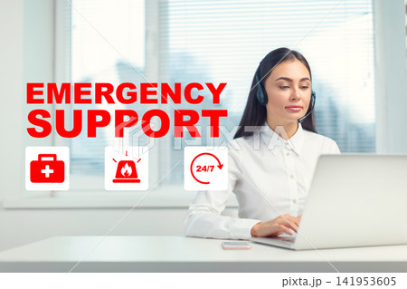 Emergency service operator provides support for urgent situations at a call center during daytime hours 141953605