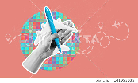 Travel planning with an airplane model held in a hand above a mapped route Travel planning with an airplane model held in a hand above a mapped route 141953635
