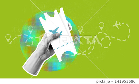 Travel journey starts with a hand holding a plane ticket against a green background with location markers and a plane path 141953686