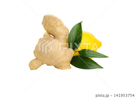 Ginger root and lemon are together with green leaves, isolated, PNG Ginger root and lemon are together with green leaves, isolated, PNG 141953754