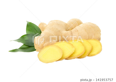 Fresh ginger root sits with green leaves and slices, isolated, PNG Fresh ginger root sits with green leaves and slices, isolated, PNG 141953757