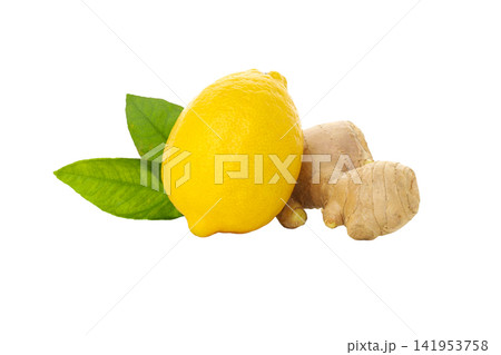 Lemon and ginger root with green leaves nearby, isolated, PNG Lemon and ginger root with green leaves nearby, isolated, PNG 141953758