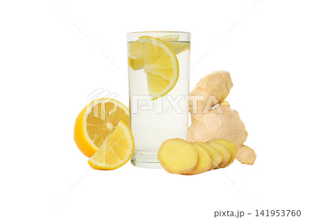 Lemon water with slices and ginger root, isolated, PNG Lemon water with slices and ginger root, isolated, PNG 141953760