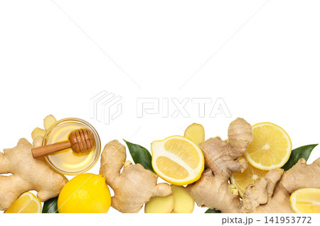 Ginger root is placed with lemon slices and honey, isolated, PNG Ginger root is placed with lemon slices and honey, isolated, PNG 141953772