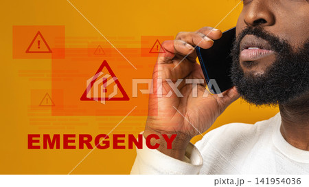 Emergency call to 911 is made by a person seeking urgent help and assistance during a critical situation 141954036