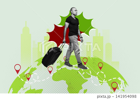 Traveling around the world with a suitcase and city skyline in the background Traveling around the world with a suitcase and city skyline in the background 141954098