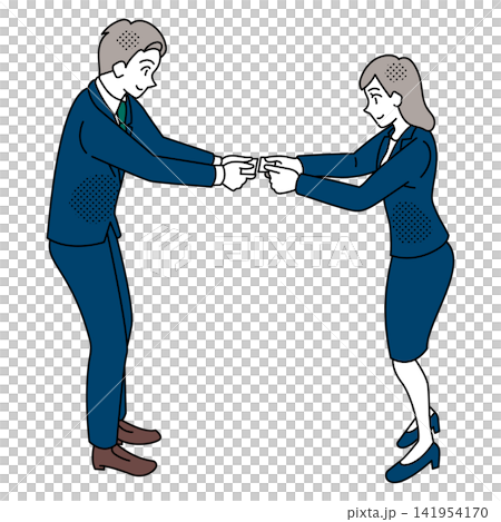 男女が両手で名刺交換をするビジネスシーンのイラスト 141954170