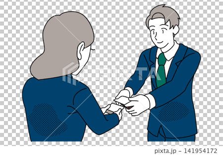 An illustration of a business scene where a man hands a business card to a woman. An illustration of a business scene where a man hands a business card to a woman. 141954172