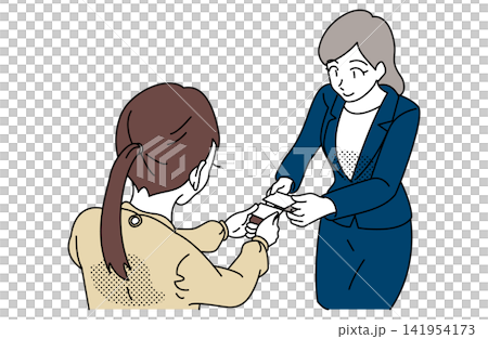 An illustration depicting a business scene where two women exchange business cards. An illustration depicting a business scene where two women exchange business cards. 141954173