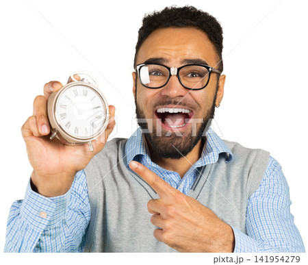 Excited man holding alarm clock and pointing finger on white background Excited man holding alarm clock and pointing finger on white background 141954279