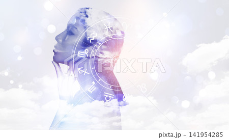 Exploring zodiac signs through a dreamy portrayal of a woman and astrology symbols in the sky Exploring zodiac signs through a dreamy portrayal of a woman and astrology symbols in the sky 141954285