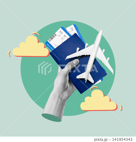 Travel plans for a journey with a passport, boarding pass, and airplane model in hand against a light background Travel plans for a journey with a passport, boarding pass, and airplane model in hand against a light background 141954343