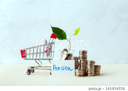 Saving money for the future with pension funds and coins in a shopping cart setup 141954358