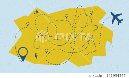 Travel planning map with routes and symbols for destinations and adventures Travel planning map with routes and symbols for destinations and adventures 141954365