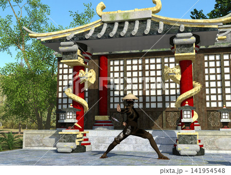 Ninja Figure Posing At Asian Temple Ninja Figure Posing At Asian Temple 141954548