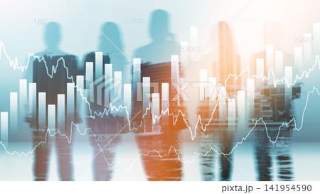Stock exchange trading analysis taking place in an urban office setting with data visualizations Stock exchange trading analysis taking place in an urban office setting with data visualizations 141954590