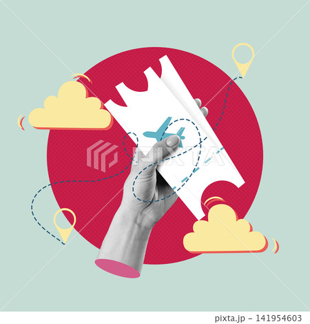Hand holds a travel ticket with plane icon and dotted lines in a graphic design Hand holds a travel ticket with plane icon and dotted lines in a graphic design 141954603