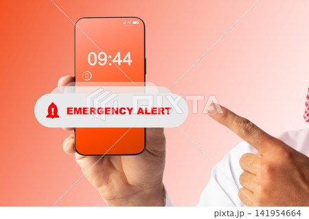 Emergency alert shows time and notification on smartphone screen in a modern setting Emergency alert shows time and notification on smartphone screen in a modern setting 141954664