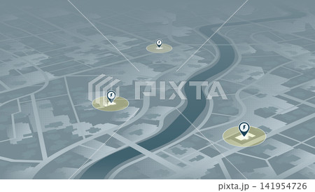 Monochrome grey city map with river and electricity icons. Vector illustration. 141954726