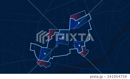 Territory shapes with pinpoint markers for law enforcement. Central District Police Tracking Map with Patrol Zones Territory shapes with pinpoint markers for law enforcement. Central District Police Tracking Map with Patrol Zones 141954739