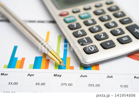 Calculator with pen on data business graphs paper. Calculator with pen on data business graphs paper. 141954806