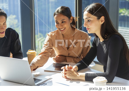 Caucasian businesswoman pointing to laptop screen while talking to her Asian coworker in office of a multinational company. Discussing work. Caucasian businesswoman pointing to laptop screen while talking to her Asian coworker in office of a multinational company. Discussing work. 141955136