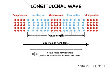 Educational school physics infographic diagram illustrates longitudinal wave properties including particle compression and rarefaction zones to demonstrate sound propagation dynamics Educational school physics infographic diagram illustrates longitudinal wave properties including particle compression and rarefaction zones to demonstrate sound propagation dynamics 141955186