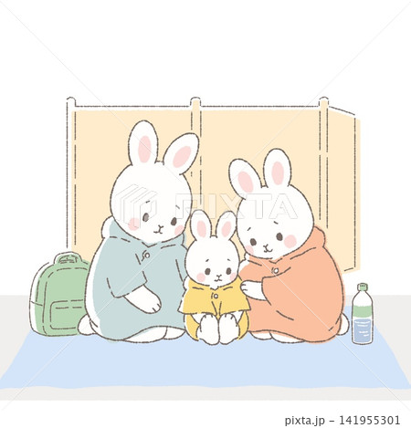 避難所で過ごすウサギの家族　災害時の避難生活と防災イラスト　正方形 141955301