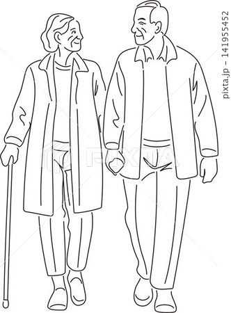 手をつないで歩くシニア夫婦の線画イラスト 手をつないで歩くシニア夫婦の線画イラスト 141955452