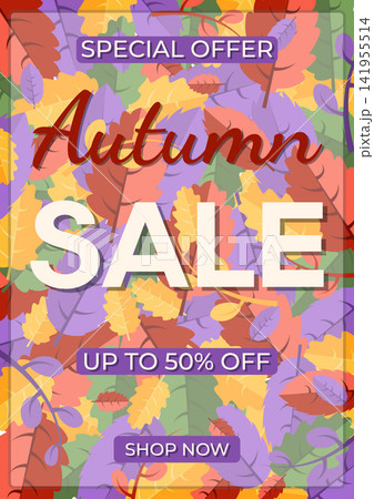A vibrant and modern promotional vector banner for an autumn sale featuring bold typography with the text Autumn Sale Up To 50 Off, Shop Now button, and a border over a colorful patterned background f A vibrant and modern promotional vector banner for an autumn sale featuring bold typography with the text Autumn Sale Up To 50 Off, Shop Now button, and a border over a colorful patterned background f 141955514
