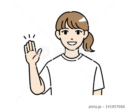 笑顔で案内する普段着姿の若い女性のイラスト素材 笑顔で案内する普段着姿の若い女性のイラスト素材 141957088