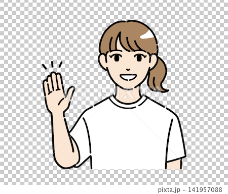 笑顔で案内する普段着姿の若い女性のイラスト素材 笑顔で案内する普段着姿の若い女性のイラスト素材 141957088