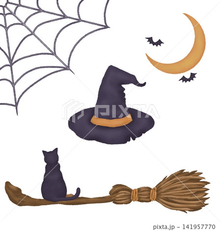 ハロウィンの魔女の帽子と黒猫とほうき、月とコウモリとクモの巣の手描きイラスト ハロウィンの魔女の帽子と黒猫とほうき、月とコウモリとクモの巣の手描きイラスト 141957770