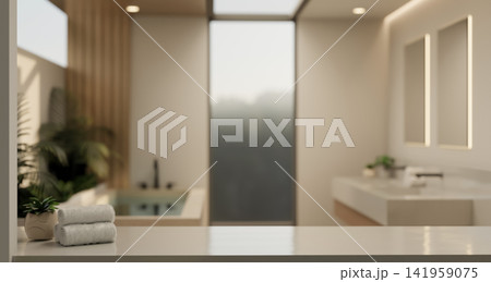 Minimalist Spa Bathroom Interior with Towels on Countertop Blur Background 141959075