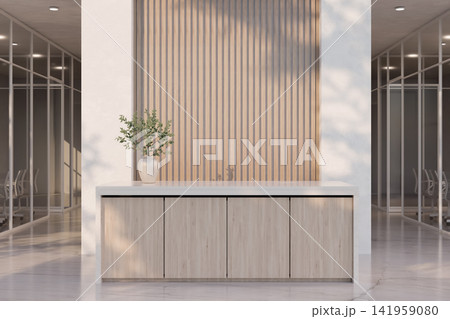 Modern Office Lobby Interior with Wooden Cabinet Counter and Slat Wall Design Modern Office Lobby Interior with Wooden Cabinet Counter and Slat Wall Design 141959080