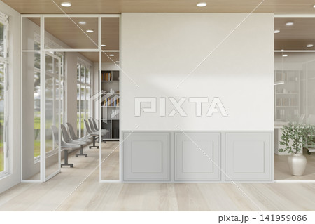 Bright Modern Waiting Room Interior with Glass Partitions and Wooden Flooring 141959086