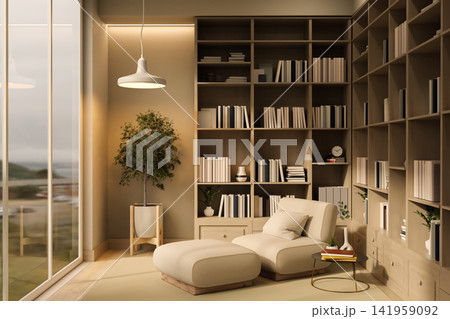 Cozy Home Library Corner with Lounge Armchair and Floor-to-Ceiling Bookshelf Cozy Home Library Corner with Lounge Armchair and Floor-to-Ceiling Bookshelf 141959092