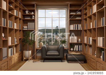 Symmetric Home Library Interior with Leather Armchair and Window View Symmetric Home Library Interior with Leather Armchair and Window View 141959093